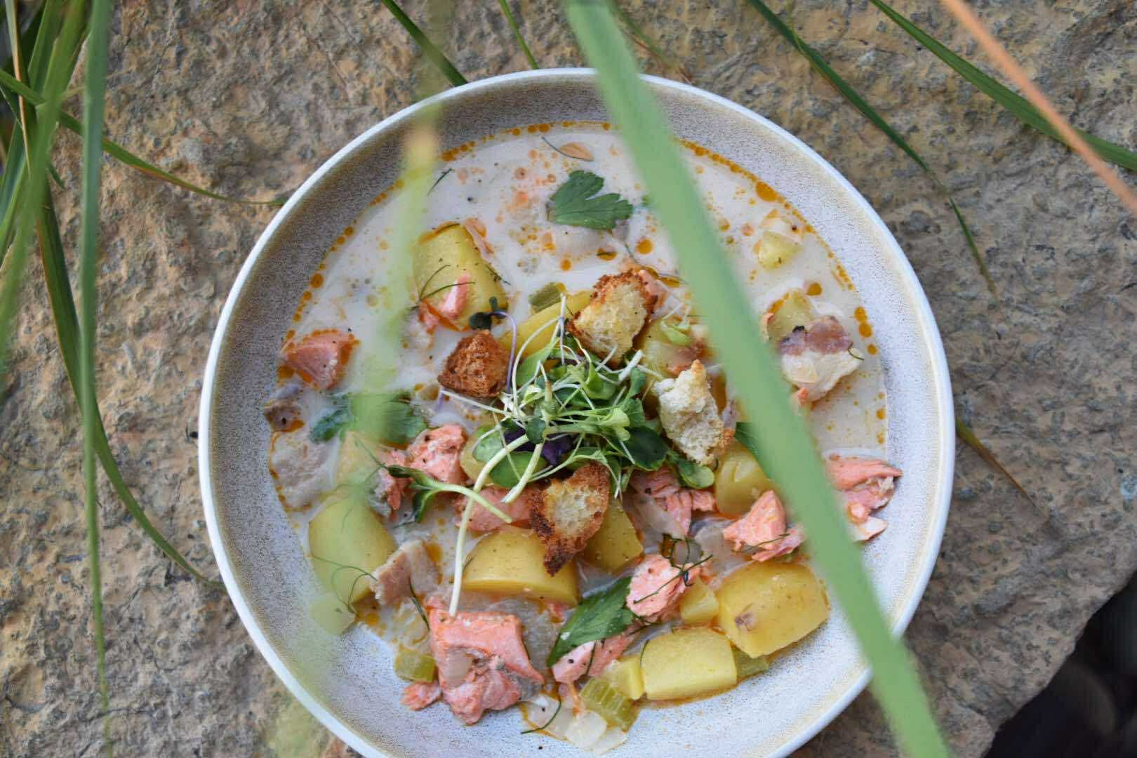 RECIPE: Rustic Salmon Chowder with Fresh Herbs & Sourdough Croutons